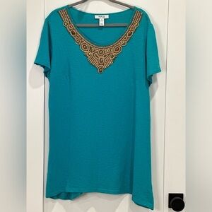 Style & Co Turquoise T-Shirt With Wood Beaded Neckline Detail 1X